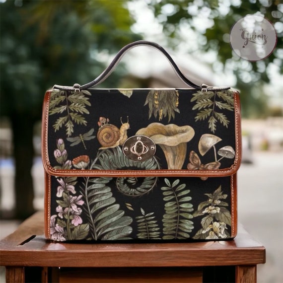 Green Mushroom Cottagecore Canvas Satchel bag, cottagecore forest women purse, cute vegan leather strap hand bag boho bag, hippies boho gift