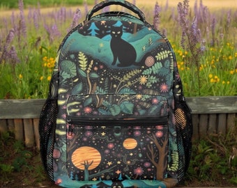 Cute Black Cat in Space Forest backpack, green space fern forest backpack, back to school day pack, botanical nature witchy green school bag