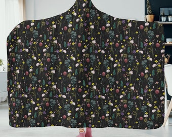 Cottagecore Floral Black Witchy Hooded Blanket, Floral Cottagecore blanket fall winter, blanket for Christmas gift Cottagecore home gift