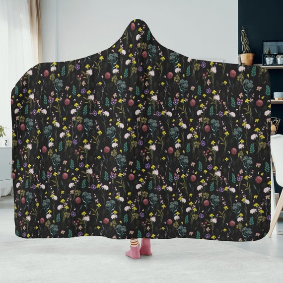 Cottagecore Floral Black Witchy Hooded Blanket, Floral Cottagecore blanket fall winter, blanket for Christmas gift Cottagecore home gift