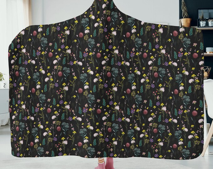 Cottagecore Floral Black Witchy Hooded Blanket, Floral Cottagecore blanket fall winter, blanket for Christmas gift Cottagecore home gift