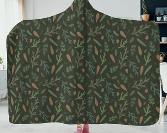 Green Cottagecore Boho Hooded Blanket, Cottagecore Green Throw, Forest Blanket, Mushroom Hooded Blanket for Travelers and Campers Gift