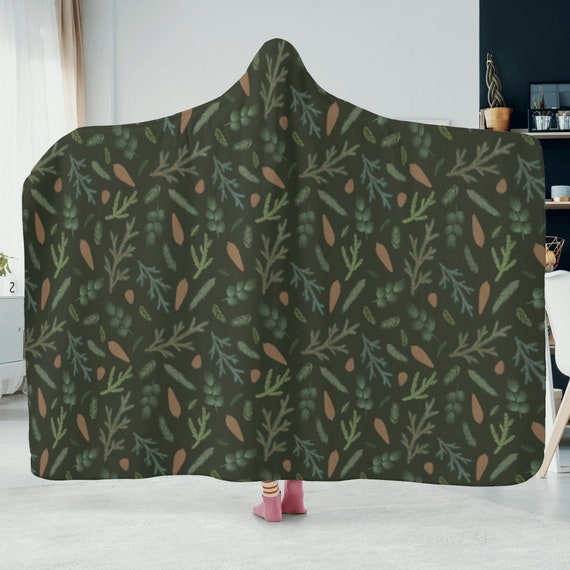 Green Cottagecore Boho Hooded Blanket, Cottagecore Green Throw, Forest Blanket, Mushroom Hooded Blanket for Travelers and Campers Gift