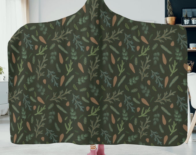 Green Cottagecore Boho Hooded Blanket, Cottagecore Green Throw, Forest Blanket, Mushroom Hooded Blanket for Travelers and Campers Gift