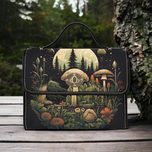 Bolso bandolera de lona estilo bohemio con diseño de bruja del bosque oscuro, bolso bandolera estilo luna con setas estilo cottagecore, bonito bolso gótico con correa de piel vegana, regalo bohemio hippie.