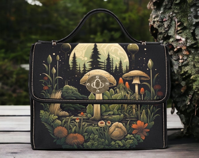 Dark Forest Boho Witch Canvas Satchel bag, Cottagecore mushroom moon crossbody purse, cute vegan leather strap goth bag, hippies boho gift
