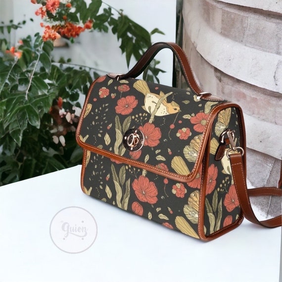 Cottagecore Boho Canvas Satchel bag, Cute women floral crossed body purse, cute vegan leather strap hand bag nature bag, hippies boho gift