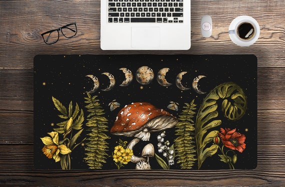 Aesthetic Cottagecore Fern snail forest mushroom forager desk mat , Amanita mushroom stitched edges witchy gaming mouse pad gaming large