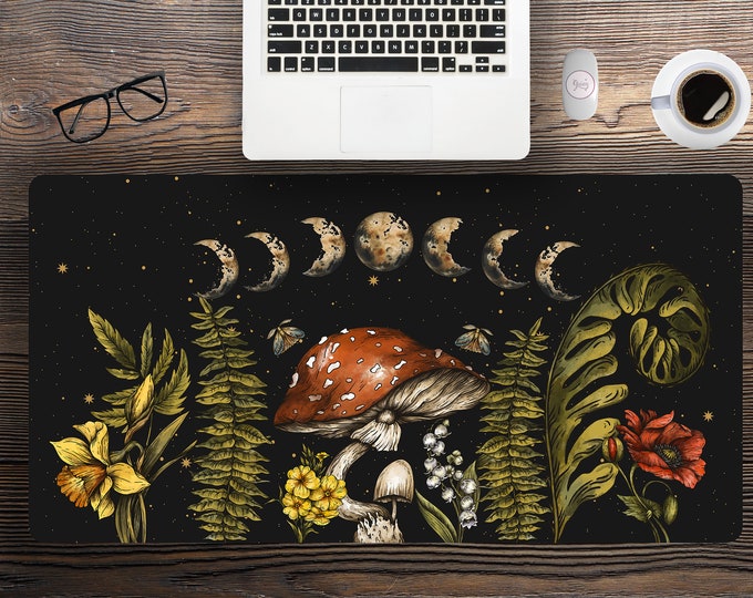 Aesthetic Cottagecore Fern snail forest mushroom forager desk mat , Amanita mushroom stitched edges witchy gaming mouse pad gaming large