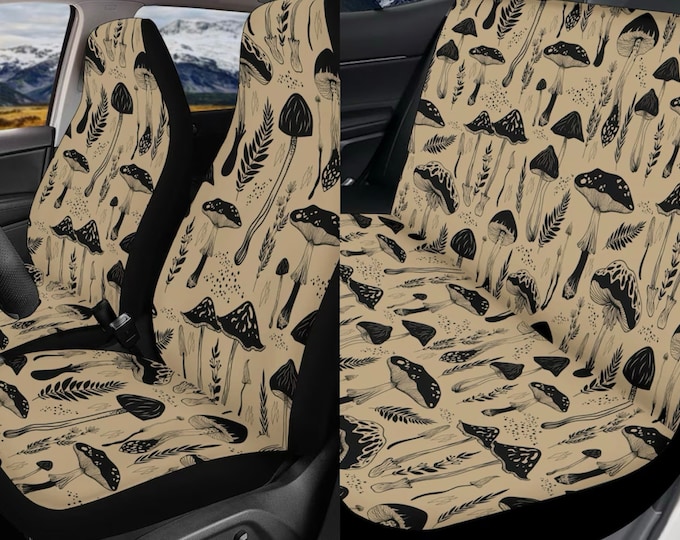 Beige Fern Mushroom Witchy Car Seat Covers for Vehicle Full Set, Front and Back Set Car Interior Decor, Cottagecore Forest Women Nature Gift