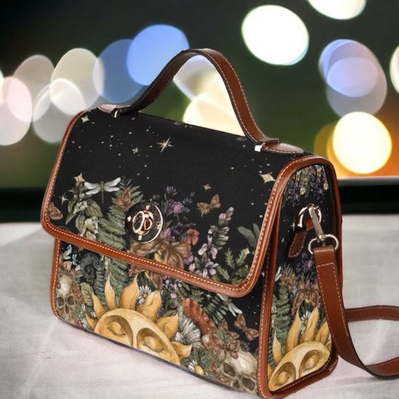 Cottagecore Magic Sun forest witch Canvas Satchel bag, Vegan Leather crossed body purse, Mushroom purse, goth bag, hippies boho gift