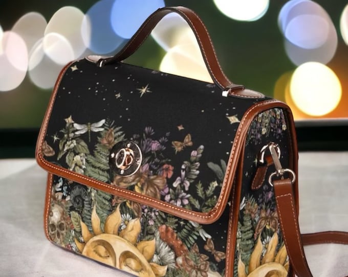 Cottagecore Magic Sun forest witch Canvas Satchel bag, Vegan Leather crossed body purse, Mushroom purse, goth bag, hippies boho gift