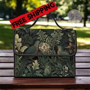 Bolso bandolera estilo Cottagecore con diseño de pájaro bruja verde, estilo Art Nouveau botánico, Dark Academia, con ribete de piel vegana, bolso tipo cartera para amantes de los pájaros.