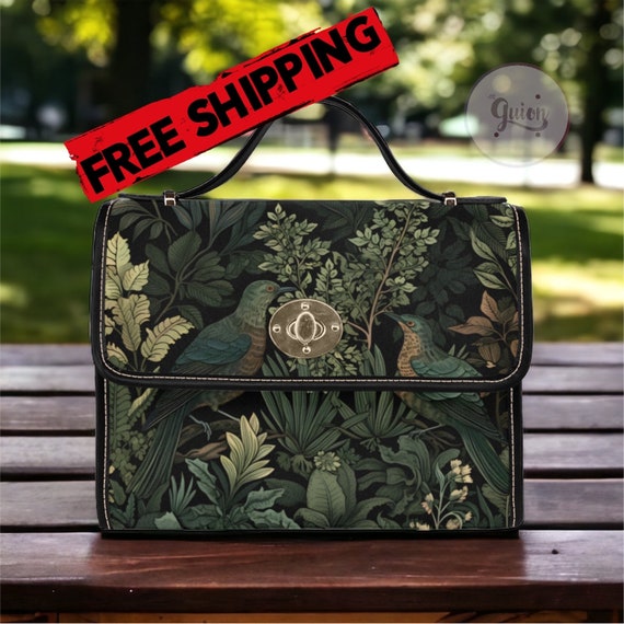 Cottagecore green witch bird crossbody hand bag, botanical Art nouveau Dark academia Vegan leather trim handbag purse bird lover satchel bag