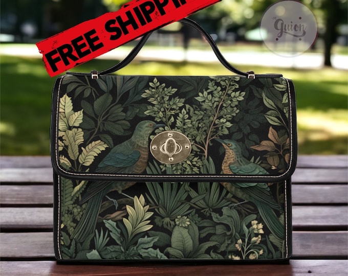 Cottagecore green witch bird crossbody hand bag, botanical Art nouveau Dark academia Vegan leather trim handbag purse bird lover satchel bag