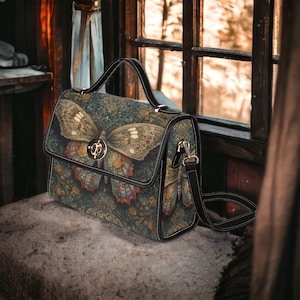 Cottagecore Luna Moth Forest Canvas Satchel bag, sac à main papillon rêveur pour femme, sac à main gothique en cuir végétalien, cadeau bohème hippies