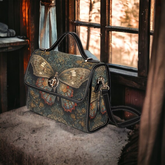 Cottagecore Luna Moth Forest Canvas Satchel bag, women dreamy butterfly crossbody purse, Vegan leather handbag goth bag, hippies boho gift