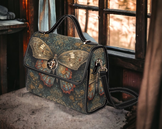 Cottagecore Luna Moth Forest Canvas Satchel bag, women dreamy butterfly crossbody purse, Vegan leather handbag goth bag, hippies boho gift