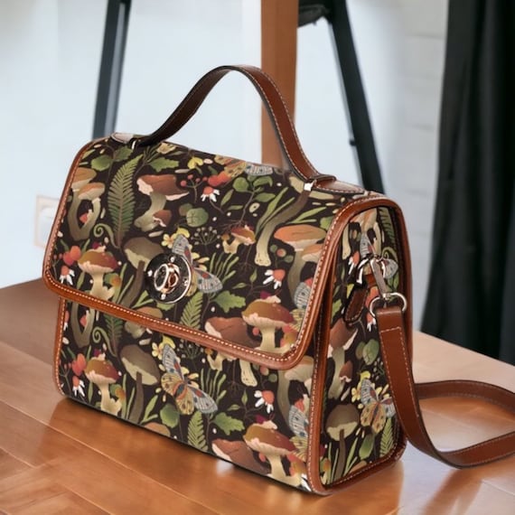 Green Mushroom Cottagecore Canvas Satchel bag, cottagecore forest women purse, cute vegan leather strap hand bag boho bag, hippies boho gift