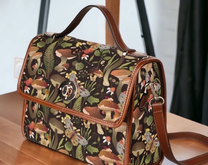 Green Mushroom Cottagecore Canvas Satchel bag, cottagecore forest women purse, cute vegan leather strap hand bag boho bag, hippies boho gift