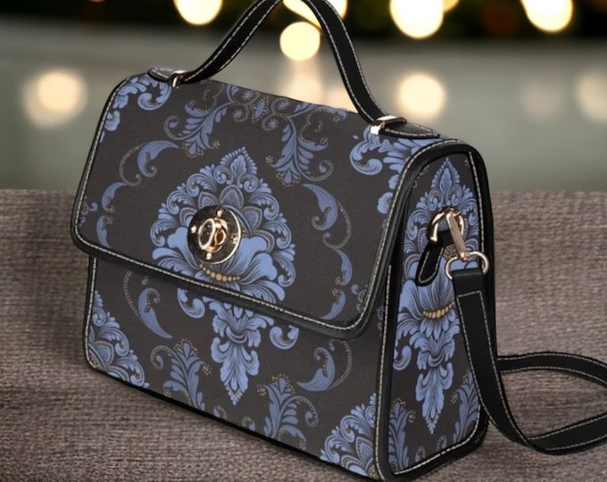 Cottagecore dark witch Canvas Satchel bag, black vegan leather crossed body purse, Cottagecore witch vegan leather strap hand bag