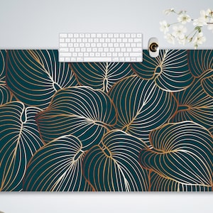 Luxurious Gold Line Hosta Leaves Green Desk Mat for Home Office Gaming, Cute Desk Mat Green, Extra Large Mouse Pad Gaming, Art Deco Mousepad