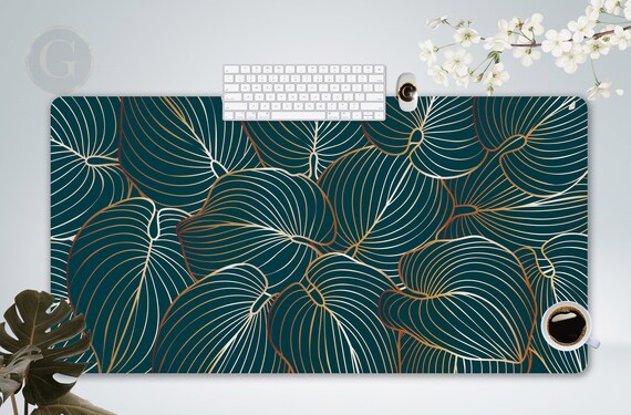 Luxurious Gold Line Hosta Leaves Green Desk Mat for Home Office Gaming, Cute Desk Mat Green, Extra Large Mouse Pad Gaming, Art Deco Mousepad