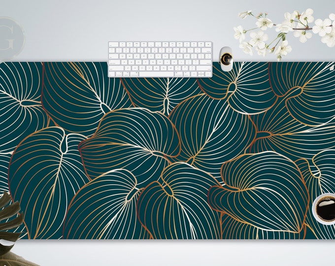 Luxurious Gold Line Hosta Leaves Green Desk Mat for Home Office Gaming, Cute Desk Mat Green, Extra Large Mouse Pad Gaming, Art Deco Mousepad