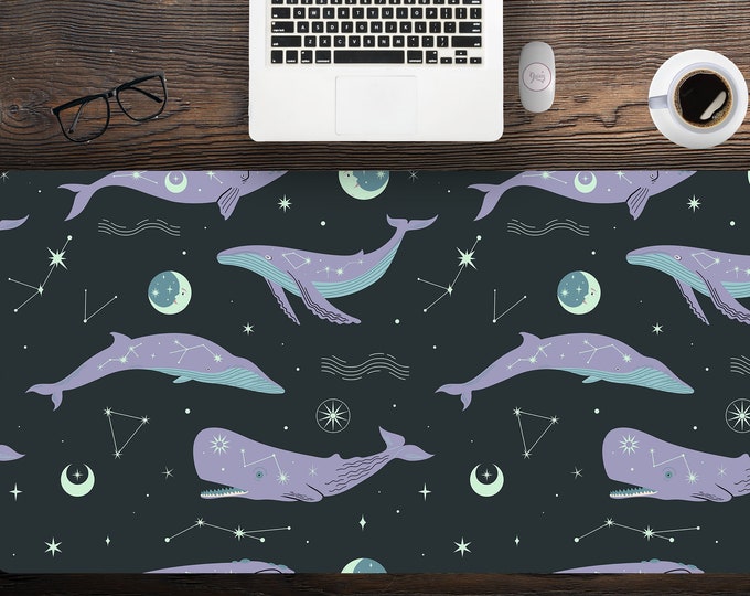 Whales with Constellations Background LArge Gaming Desk Pad, Extended Gaming Mouse PAd, Desk Mat Cute, XXl Keyboard Mat
