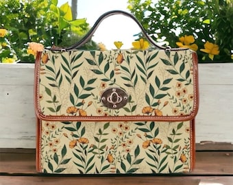 Sac cartable en toile floral vert olive rétro, sac à main à bandoulière boho pour femmes mignonnes, sac à main mignon avec bandoulière en cuir végétalien, cadeau boho pour hippies cottage