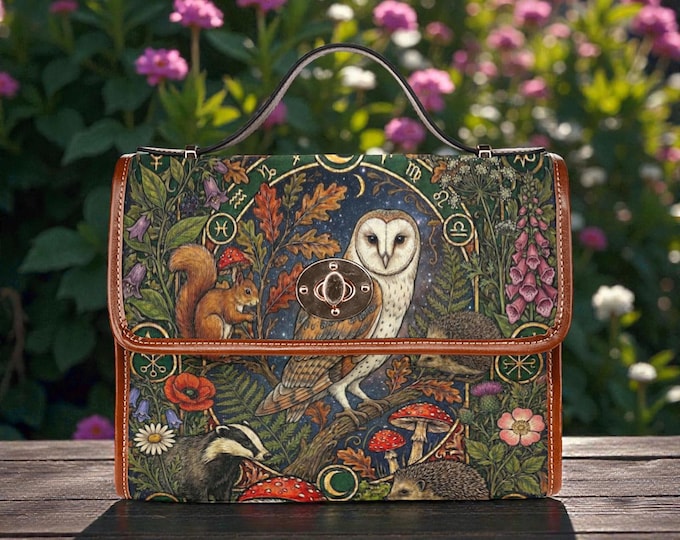 Mystic Owl Moon Canvas Satchel Bag, Cottagecore Astrology Handbag, Animal Woodland Crossbody Shoulder Bag, Boho hippies gift zipper wallet