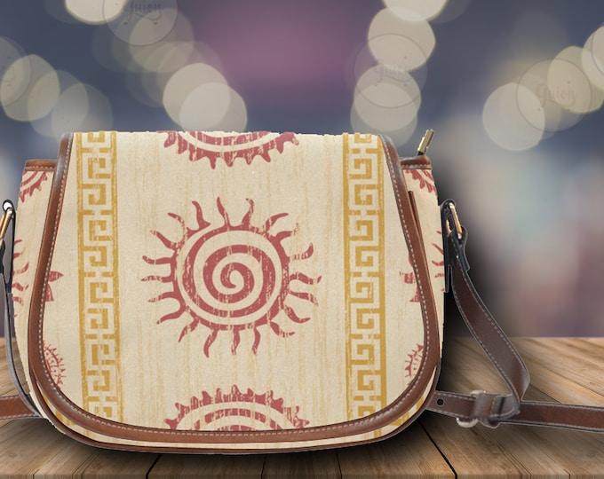 Mystical Sun boho Beige Background cute Saddle Bag, Beige boho Shoulder bag, crossed body vegan leather strap boho purse, boho hippies gift