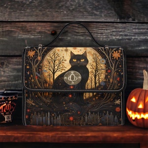 Sac messager Halloween Cottagecore chat de sorcellerie noir, Boho Witch Art nouveau Dark academia Vegan garniture en cuir sac à main sac à main cartable cadeau