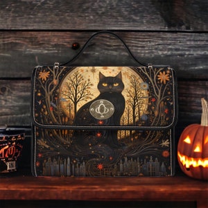 Cottagecore Black witchy cat Halloween messenger bag, Boho Witch Art nouveau Dark academia Vegan leather trim handbag purse satchel bag gift