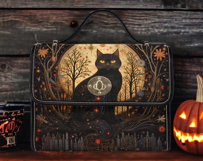 Cottagecore Black witchy cat Halloween messenger bag, Boho Witch Art nouveau Dark academia Vegan leather trim handbag purse satchel bag gift