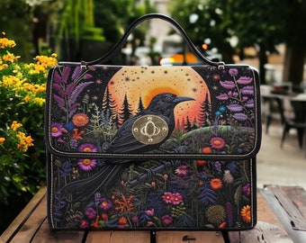 Cottagecore sorcière toile sac cartable, sac à main bandoulière corbeau sorcier femmes mignonnes, sac à main en cuir végétalien bracelet goth sac, hippies boho cadeau