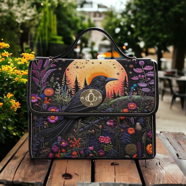 Cottagecore witch Canvas Satchel bag, Cute women witchy Crow crossbody purse, vegan leather strap hand bag goth bag, hippies boho gift