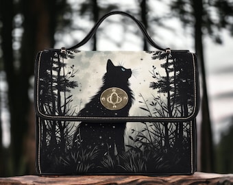 Cottagecore Black cat crossbody sac cartable, sac à main cottagecore de forêt sombre, sac cartable fantaisiste de sac à main de sorcière goth, cadeau hippies boho