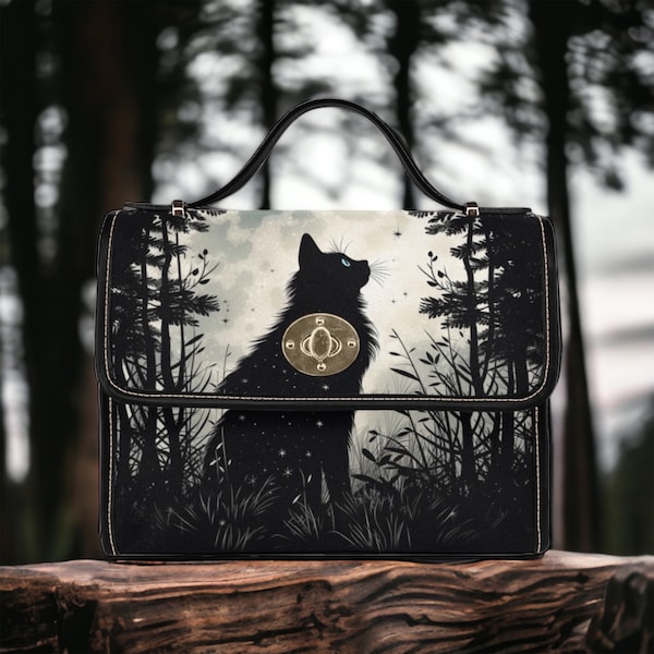 Cottagecore Black cat crossbody sac cartable, sac à main cottagecore de forêt sombre, sac cartable fantaisiste de sac à main de sorcière goth, cadeau hippies boho