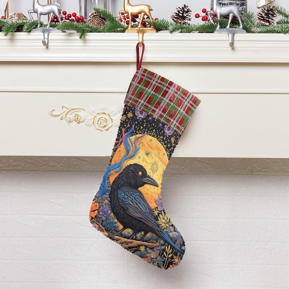 Boho Witch Crow Sequin Stocking, Stuffing Gifts, Fireplace hang decor, Christmas gift decor, Raven Holliday stuffer, Boho Witch Christmas