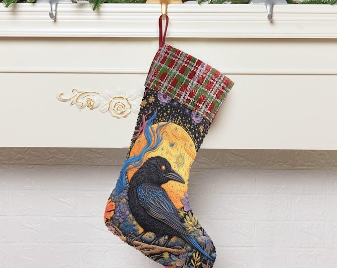 Boho Witch Crow Sequin Stocking, Stuffing Gifts, Fireplace hang decor, Christmas gift decor, Raven Holliday stuffer, Boho Witch Christmas