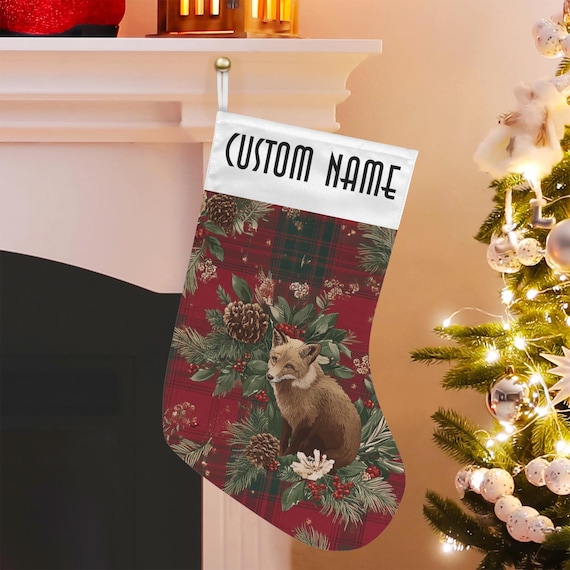 Custom Christmas Fox Stocking, Cute Fox Pine Tree Custom Stuffer, Boho Cottagecore Botanical Christmas Stocking, dark academia witchy gift