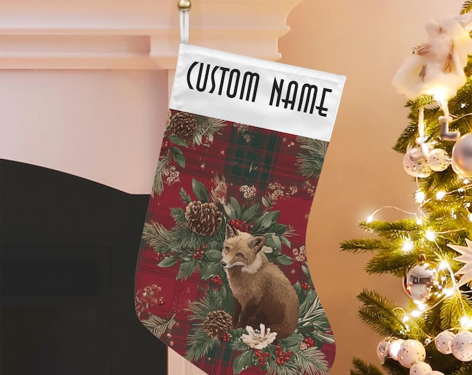 Custom Christmas Fox Stocking, Cute Fox Pine Tree Custom Stuffer, Boho Cottagecore Botanical Christmas Stocking, dark academia witchy gift