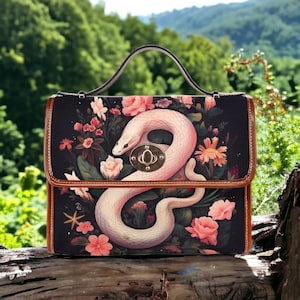 Cottagecore Boho Snake Canvas Satchel bag, Women Mystical witch crossbody purse, Black vegan leather strap handbag goth bag, boho gift