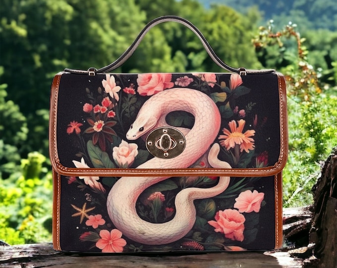 Cottagecore Boho Snake Canvas Satchel bag, Women Mystical witch crossbody purse, Black vegan leather strap handbag goth bag, boho gift
