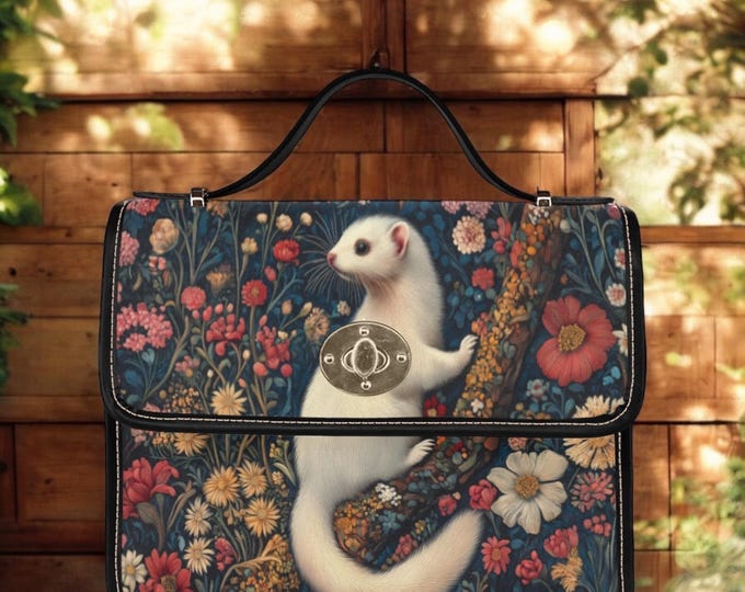 Cute White Ferret Satchel bag, Cottagecore boho garden bag, forestcore crossbody purse, cute vegan leather strap goth bag hippies boho gift