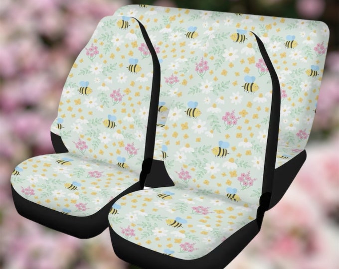 Cottagecore Flowers and Bees Full Set Seat Cover, Vehicle Seat Cover for Women, cottagecore nature car decor, summer car interior decor