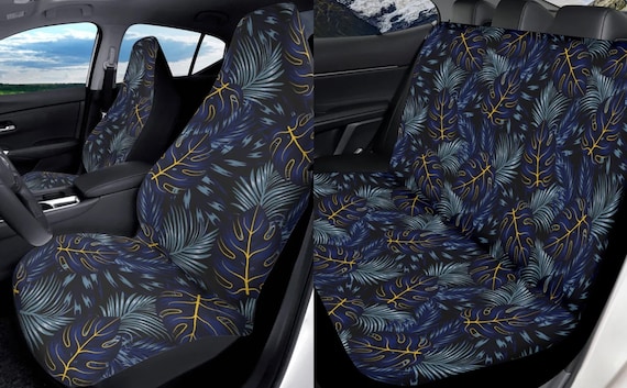 Blue Tropical Leaves Boho Car Seat Cover For Women, Cottagecore Cute Blue Floral Front Bucket Seat Cover For Car Vehicle, Nature seat cover