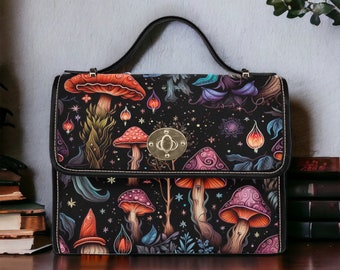 Cottagecore witch Canvas Satchel bag, Enchanted Mushroom Forest crossed body purse, Goblincore Dark Forest Bag, Witchy Mushroom Hand Bag