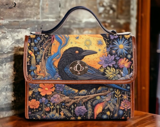 Cottagecore Black Crow Canvas Satchel bag, Boho Celestial Handbag, cute women witchy mushroom crossbody purse, vegan leather massenger bag